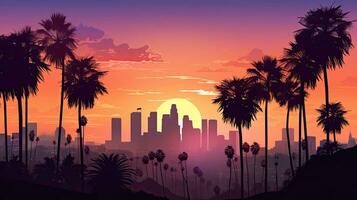 Gorgeous sunset over LA skyline with palm trees upfront photo