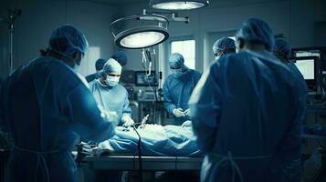 Hospital medical professionals including doctors and surgeons attending to a patient on the operating table photo