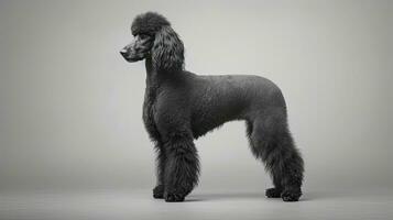 Black poodle photographed indoors on a gray surface photo