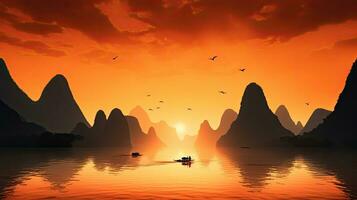 Blurred river and karst formation mountains with bright orange sky at sunset in Xingping China typical of Yangshuo s terrain photo