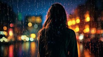 Raindrops on a blurred silhouette of a girl through a glass window on a city street after rain with colorful neon bokeh lights photo