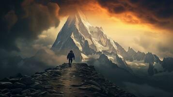 Hiker on Chamonix ridge with storm clouds and mountain trail photo