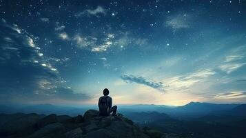 Young traveler and backpacker admired the night sky while alone on the mountain top finding joy in traveling and triumph in reaching the summit photo
