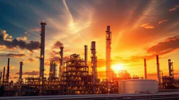 Sunrise backdrop with an orange sky showcases the petrochemical industry highlighting an oil refinery plant and towering column photo