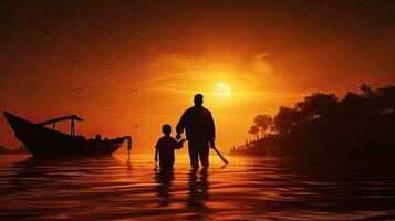 Blurry and noisy silhouette image of father and son on a wooden boat photo