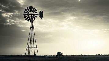 Monochrome image of windmill in field with cloudy backdrop photo