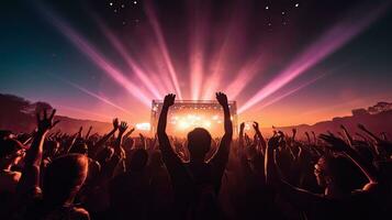 People in a crowd at a music concert holding up phones enjoying the performance of a rock band on an outdoor stage at a night club photo