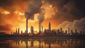 Sunrise backdrop with an orange sky showcases the petrochemical industry highlighting an oil refinery plant and towering column photo