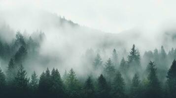 Thick white fog and heavy rain cloak the forest Tree shapes disappear in the mist amid grain and texture of clouds photo