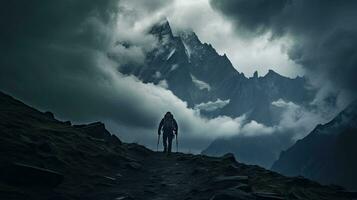 Hiker on Chamonix ridge with storm clouds and mountain trail photo