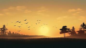 World environment day symbol Birds flying at dawn over autumn landscape photo