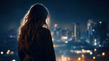 borroso ciudad luces fondo con un niña s oscuro contorno foto