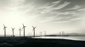 Silhouetted windmills against a flat horizon in a black and white photograph photo