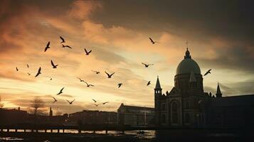 Galway Cathedral silhouette against dark sky birds in air Famous tourist attraction in Ireland photo