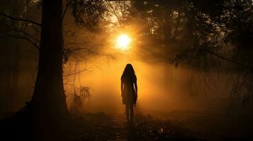 Woman s silhouette in morning mist amid trees photo