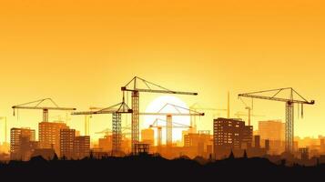 City apartment block in sunlight with construction cranes and unfinished residential buildings photo