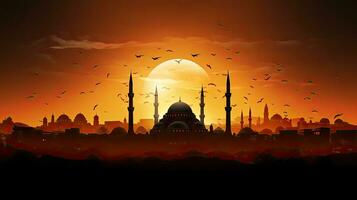 Suleymaniye Mosque silhouette at orange sunset photo