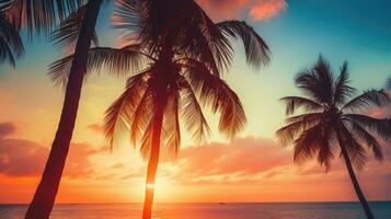 Palm tree silhouettes at sunset on a tropical beach with vintage bokeh effect photo