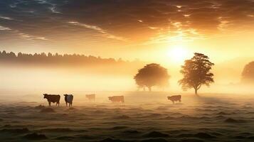 Cows grazing in a meadow with dew covered grass and morning fog with a hazy sunrise in the background photo