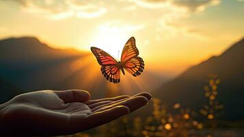 Hand in a meditation position and butterfly Sunset in the mountains shown in a close up shot photo