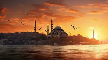 mezquita silueta en puesta de sol terminado Estanbul Turquía foto