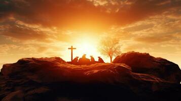 Resurrection empty tomb with crosses at sunrise photo