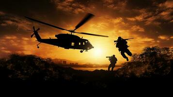 Silhouette soldiers descend from helicopter warning of danger against a sunset background with space for text promoting peace and cessation of hostilities photo