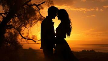 Loving pair against sunset backdrop photo