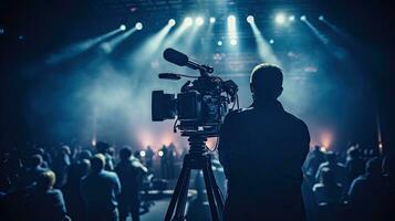 Cameraman covering live event silhouette in news studio focusing selectively photo