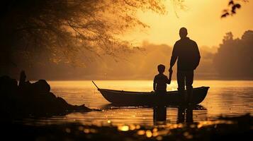 Blurry and noisy silhouette image of father and son on a wooden boat photo