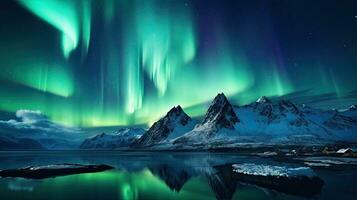 Breathtaking Aurora borealis lights shine over Lofoten s scenic Norwegian mountains photo
