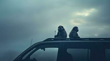 Fuzzy monkeys perch on car roof in Gibraltar attempting to reach each other photo