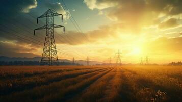 Sunset scene with high voltage power line in field photo