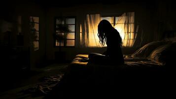 Crying woman sitting on a bed in a bedroom photo