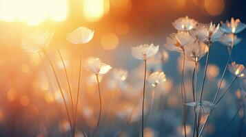 Delicate closed wild flower buds with blurred bokeh lights background photo