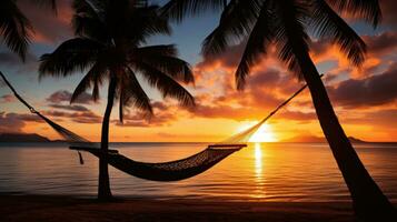 Beach scene with hammock and palm trees at sunset photo