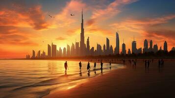 en el unido árabe emiratos el cautivador ciudad de dubai vitrinas un Notable ciudad centrar horizonte y renombrado jumeirah playa durante puesta de sol foto