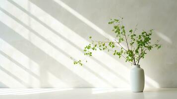 Green branch of tree with shadow against white marble tile wall and wood table with copy space in the spring sunlight photo