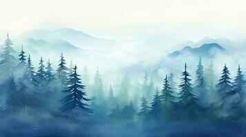 Watercolor misty forest hill with evergreen trees Frozen taiga Horizontal watercolor background photo