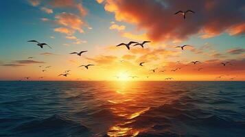aves en v forma volador terminado el mar a puesta de sol simbolizando libertad y el otoño equinoccio foto