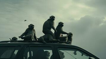 Fuzzy monkeys perch on car roof in Gibraltar attempting to reach each other photo