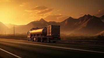 Tank truck driving on road with sun and mountains in background creating backlight photo