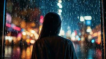 Raindrops on a blurred glass window with a silhouetted girl on a city street at night surrounded by colorful neon city lights photo