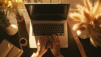 Boho inspired home office with laptop pampas grass and sunlight on table photo