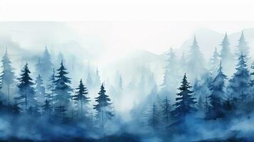 Watercolor misty forest hill with evergreen trees Frozen taiga Horizontal watercolor background photo