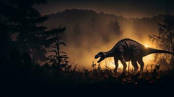 Creative decoration with burning misty background featuring the silhouette of a giant dinosaur in the foggy night with selective focus on little miniature photo