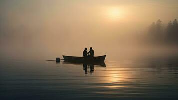 Two fishermen in a small boat on a calm lake obscured by morning fog photo