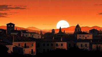 Spanish style houses and rooftops outlined by a vibrant orange sunset sky photo