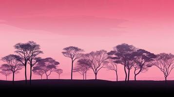 Empty trees at dawn silhouetted against a vibrant pink sky photo