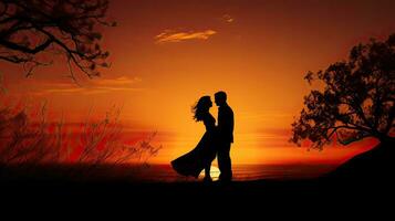 Silhouettes of a man and woman in a nature sunset representing love photo